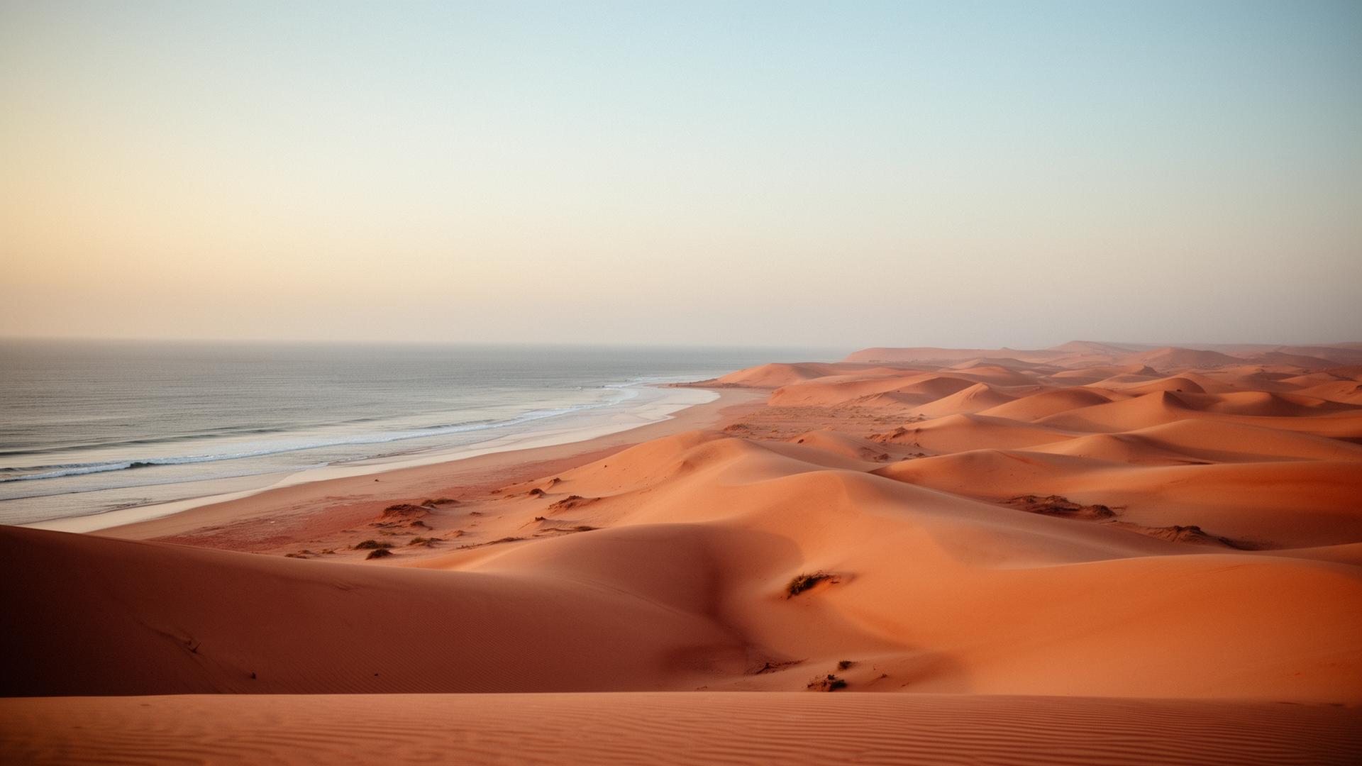 Warm Moroccan dunes meeting the Atlantic at golden hour